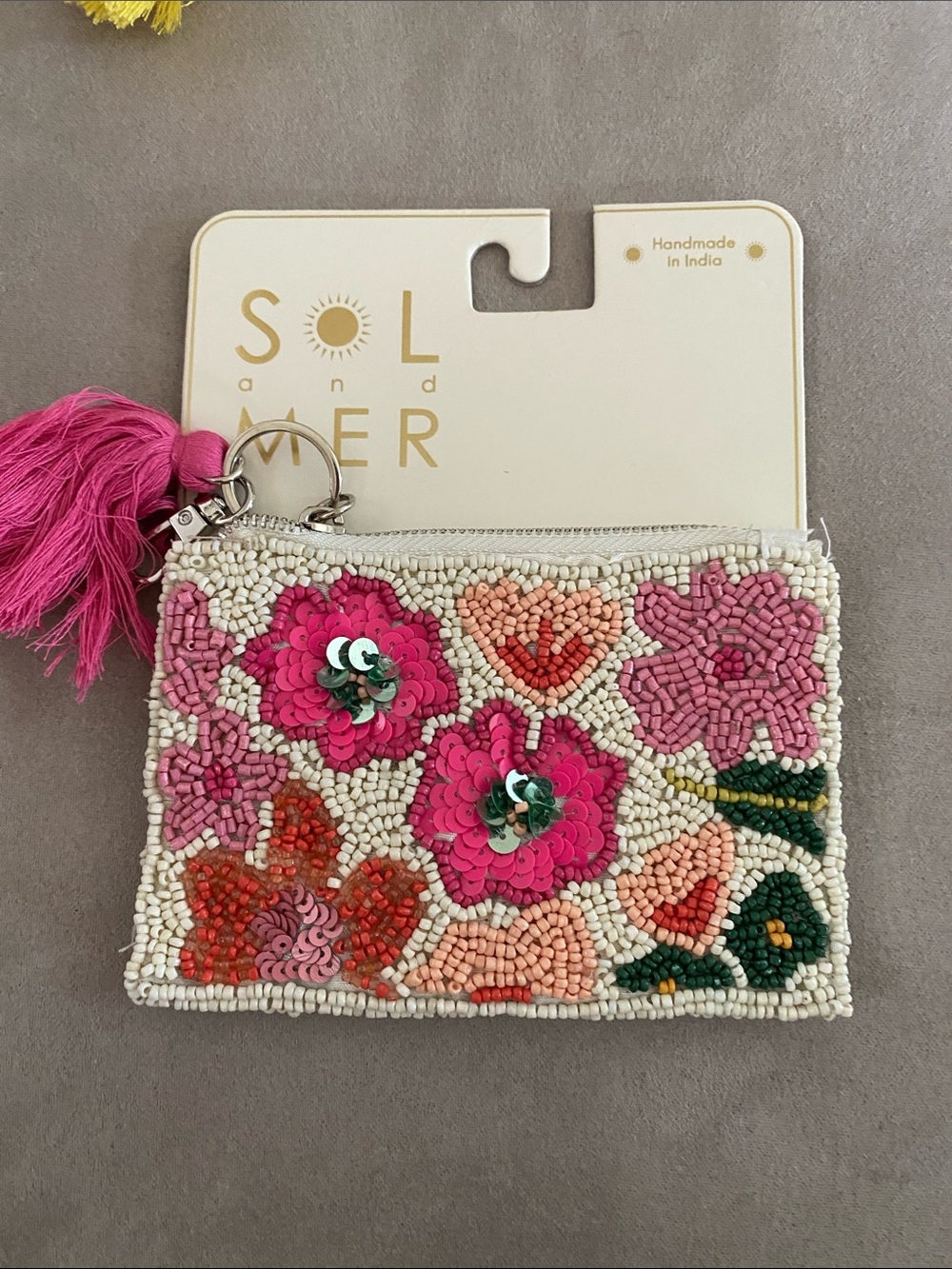 SOL and MER Pink Beaded Floral Coin Pouch with Tassel. NWT